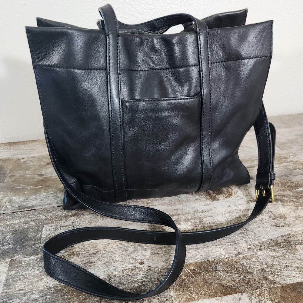 Fossil Carmen Leather Shopper Tote Brown w/ Striped Crossbody Strap 15’’ x 13’’